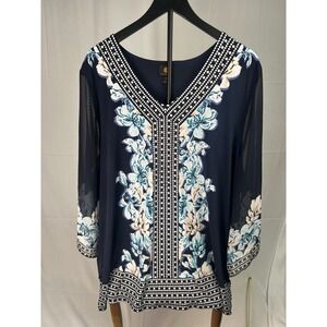 JM Collection Womens 3X Navy Blue Floral Studded V-Neck Sheer Bell Sleeve Blouse